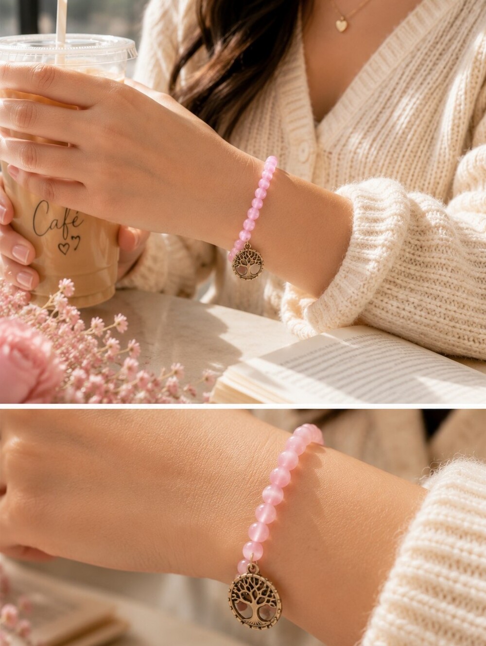 PINK Cat Eye Bead Stretch Bracelet with Tree of Life Charm | New & Handcrafted